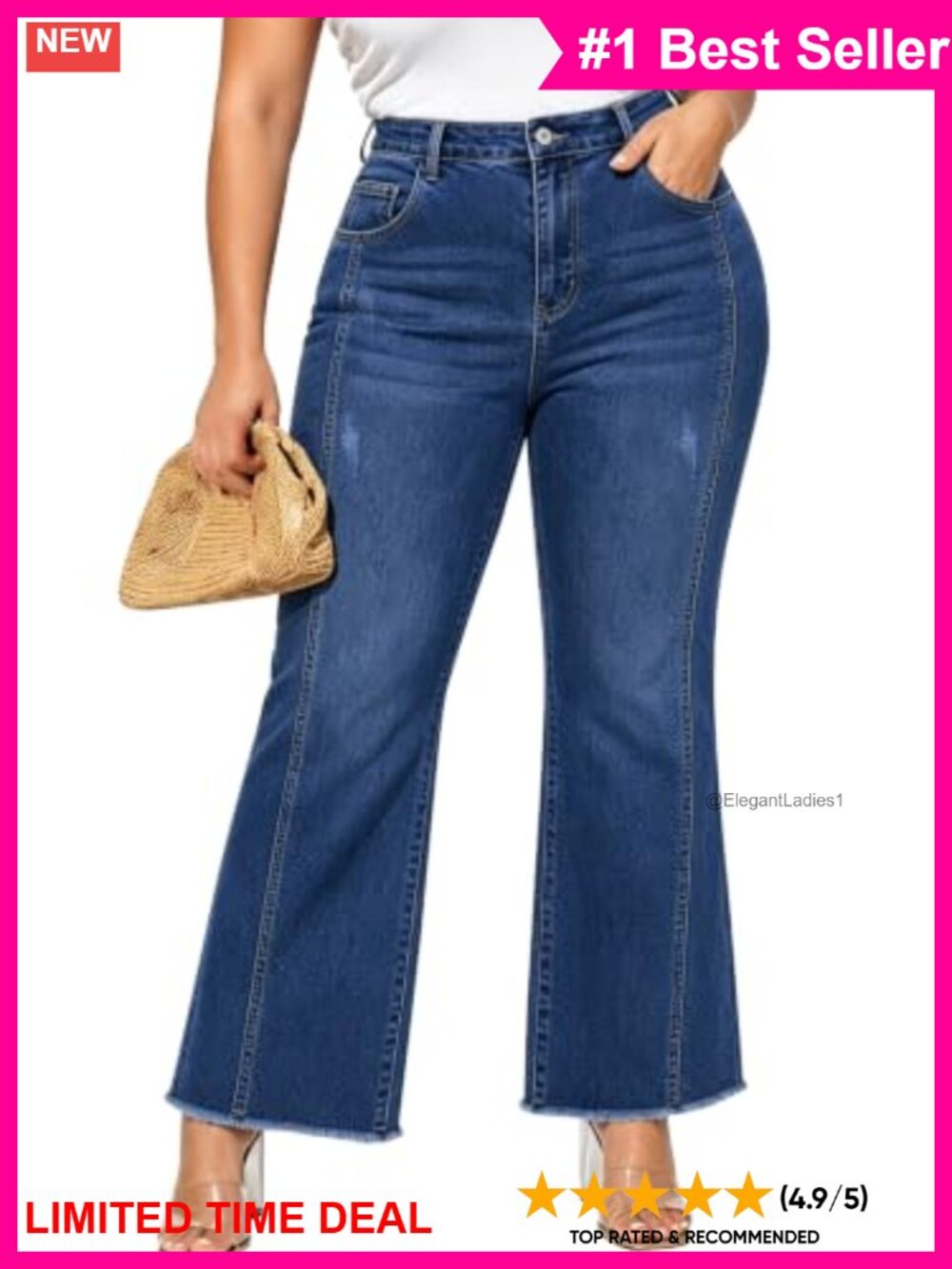 Plus Size Flare Jeans Women Raw Hem Denim Pants Wide Leg High Rise